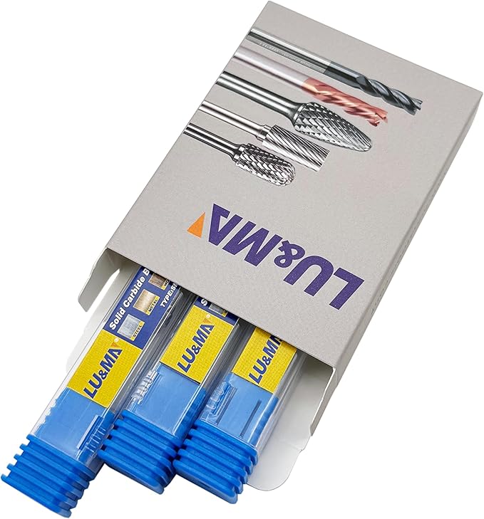 LU&MN SM-5 Tungsten Carbide Burr Rotary File, 3PCS, 25° Pointed Cone, Double Cut, 1/4'' Shank, 1/2'' Cutter Dia, 1'' Length, for Die Grinder Drill