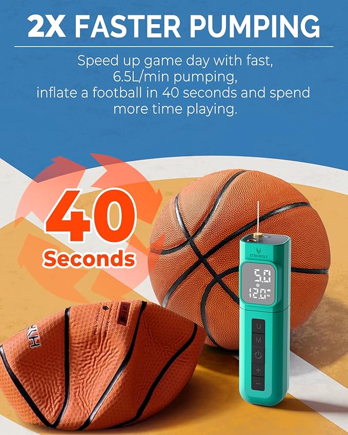 ETENWOLF P200 Electric Ball Pump 2000mAh Sports Air Pump with Digital Pressure Gauge for Basketball Soccer Volleyball