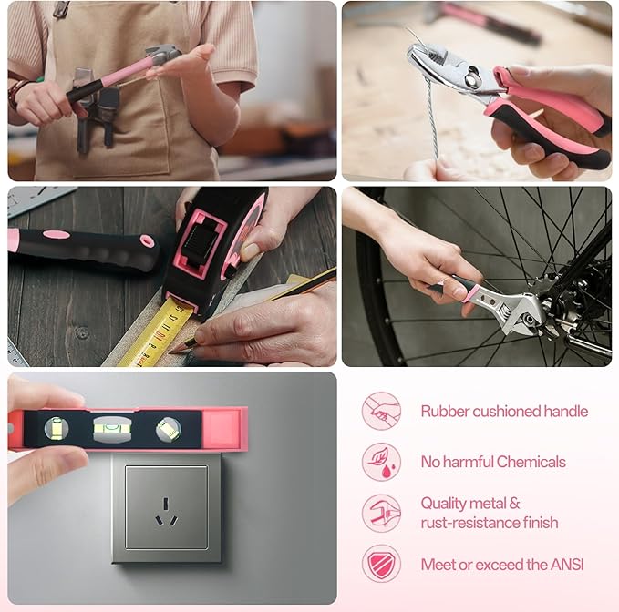 COMOWARE 12V Pink Cordless Drill Home Tool Kit, Pink Drill Set for Women, Lady's Home Repairing Tool Kit Hand Tool Set for DIY Large-Capacity Tool Storage Bag Included