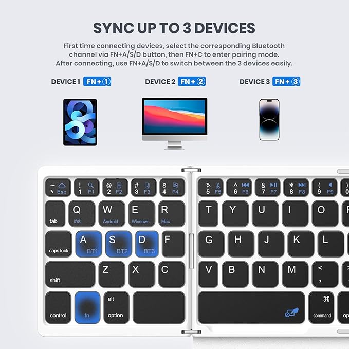 Foldable Bluetooth Keyboard, Portable Full Size Folding Keyboard with Large Touchpad, Numeric Keypad, PU Leather, Wireless TravelKeyboard for Windows iOS Android Mac(Black-White)