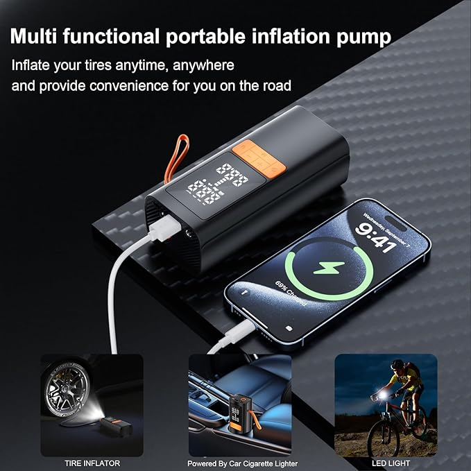 Tire Inflator Portable Air Compressor - 150PSI Air Compressor with Tire Pressure Gauge, 15000mAh & 3X Faster Portable Air Pump for Cars, Bikes & Motorcycle Tires, Balls, Car Accessories