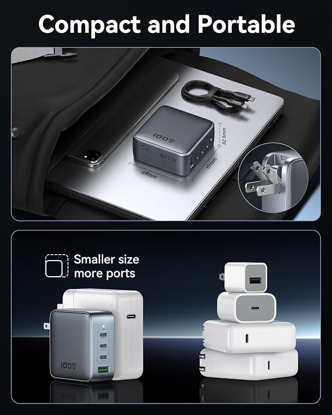 USB C Charger Block 100W, 4 Port GaN Charger USB C Fast Charging Station Foldable Compact Wall Charging Power Adapter for MacBook Pro/Air, Dell XPS, iPad Pro, iPhone 16/15, Galaxy S24, and More