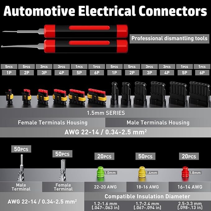 PEBA Crimping Tool Kit, Waterproof Automotive Electrical Wire Connector 1/2/3/4/5/6-Pin, Ratchet Crimper Tool AWG 22-14 for Waterproof Automotive Connectors, with Wire Stripper, Pin Removal Tool