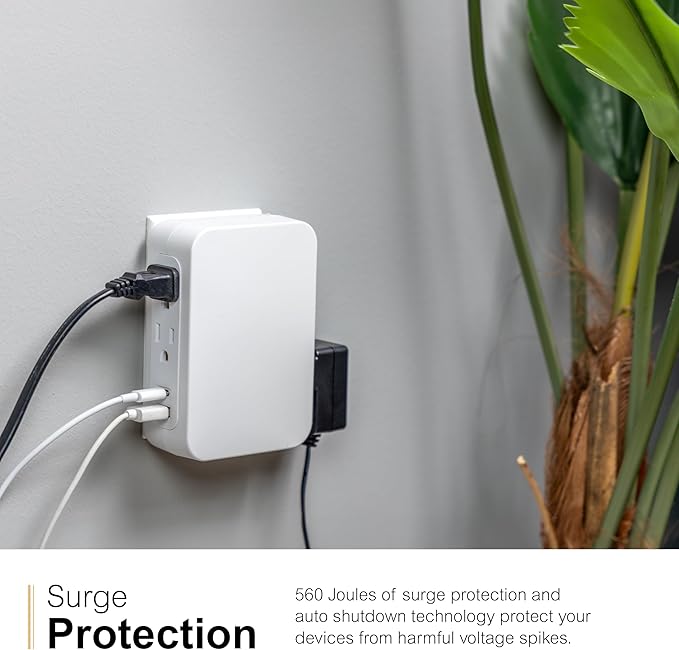 GE USB C 5 Outlet Extender, Side-Access, Wall Tap Surge Protector, Multi-Plug, USB A, 3-Prong, Secure Install, White, 83503