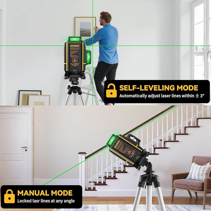 Laser Level 4x360° Self Leveling with Tripod & LCD Touch Screen, 4D Lazer Leveler Tool Green Cross Lazer Level Line Laser with 2x2400mAh Rechargeable Battery for Constuctions, Picture Hanging Indoor