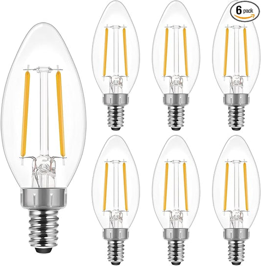 Energetic E12 B10 LED Classic Candelabra Clear Light Bulb, 40 Watt Equivalent, Soft White 2700K, Filament Clear Glass, Non-Dimmable, UL Listed, Pack of 6