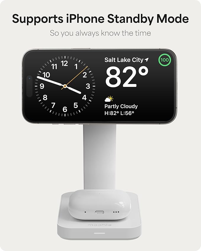 Mophie Snap+ 3-in-1 Wireless Charging Stand - MagSafe & Qi2 Certified, Compatible with iPhone 16/15/14/13/12, Apple Watch, AirPods - Multi-Device Magnetic Charging Station, Eco-Friendly Design, White