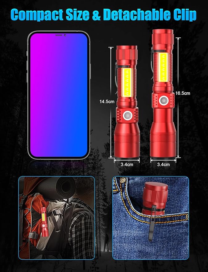 UV Rechargeable Flashlights Tactical,1000 High Lumens 3 in 1 LED Black Light Flashlight -Magnetic Base/Sidelight/Zoomable, Bright Pocket Flash Light for Stains Detection Camping Emergency,Red