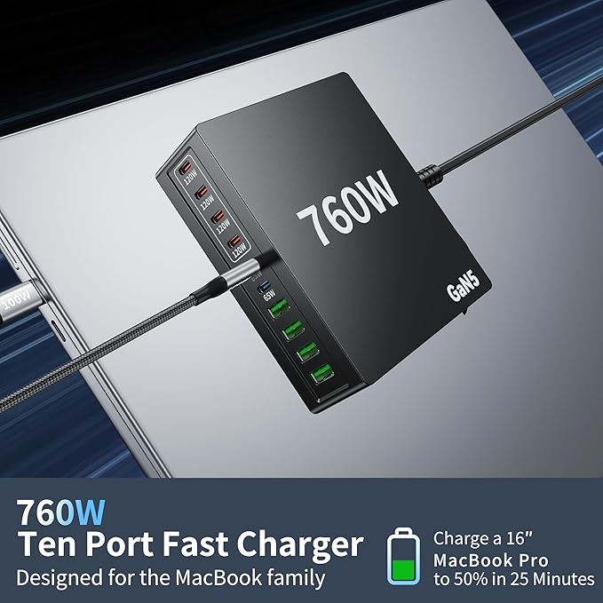 760W USB C Charger Block, 10 Port Fast Charging Station Hub Brick PD 100W MacBook Charger Compatible with iPhone 16 15/14/13/Pro DELL HP MacBook Pro/Air/All iPad Max/Samsung Galaxy Note