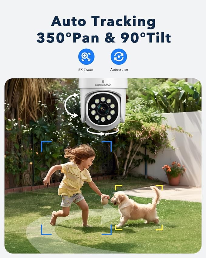 Camcamp 5MP PoE Security Camera Outdoor, Wired PoE IP Surveillance Cameras, Auto Tracking, 2-Way Audio, Color Night Vision