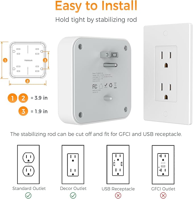 Multi Plug Outlet Extender, TESSAN 4 Outlet Splitter 3 USB Wall Charging Ports (2 USB C), Wide Spaced Multiple Expander Surge Protector for Office, Home, College Dorm Room