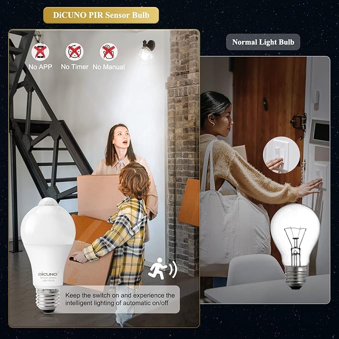 DiCUNO PIR Motion Sensor Light Bulbs, 12W (100W Equivalent) E26 LED Body Motion Sensor Infrared Bulb Auto on/Off, Outdoor/Indoor Light for Front Porch Garage, 1100LM 5000K Daylight White, 2 Pack