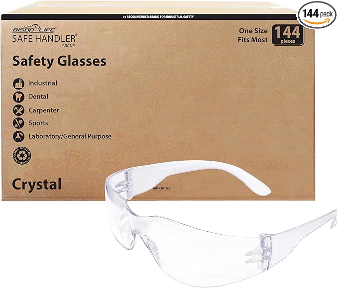 BISON LIFE Clear Lens Clear Temple Safety Glasses | One Size, Adult, Youth, Clear Protective Polycarbonate Lens Clear Temple, Clear, 144 PAIRS