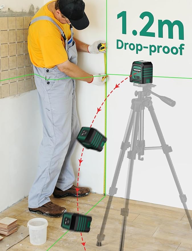 RockSeed Dual Modules Line Laser, Self Leveling Laser Level, Horizontal and 150° Vertical Green Beam, 2 AA Batteries, Carrying Bag, for Home Decoration/DIY/Construction Site