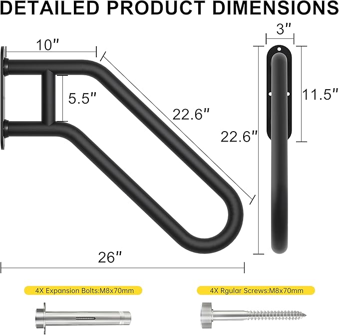 Hand Rails for Outdoor Steps, Exterior Steps Handrails, Wrought Iron Heavy-Duty Stair Railing, 26" U-Shaped Rail for Garage, Porch, Deck, and Garden (Upgrade)