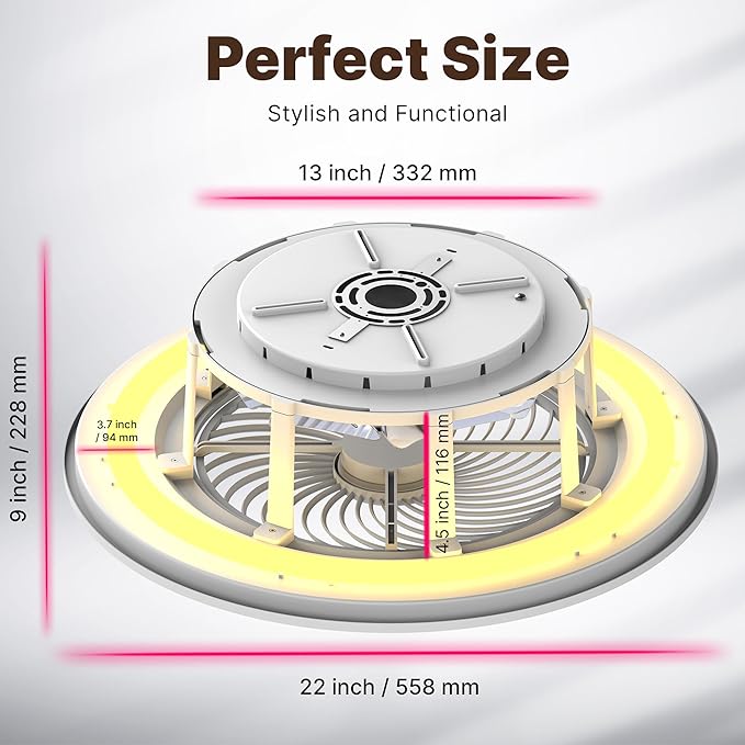 Ceiling Fans with Lights and Remote Control 22 inch with Ambient Light Bladeless Low Profile Ceiling Fan Flush Mount Enclosed Smart Ceiling Fan Light LED Dimmable Lighting (Moonlight Model)
