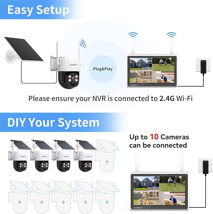 Solar Cameras Wireless Outdoor with 10'' Monitor, 4pcs 2K 3MP Solar Powered Home Security Cameras, Full Color Night Vision, 360° Pan Tilt, Human Detection, 2.4G/5G WiFi 10CH NVR with 500G HDD