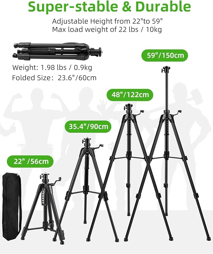 Professional 59 Inch Laser Level Tripod Stand with 1/4“ 5/8” Thread & Angle Adapter, Bubble Level, for Laser Line Leveling, Aluminum Alloy