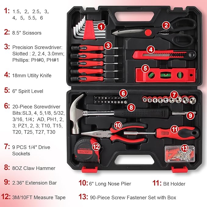 51-Piece Red Tool Set, Home Tool Kit with Toolbox Storage Case Home Repair Tool Kit with Drawer for Women