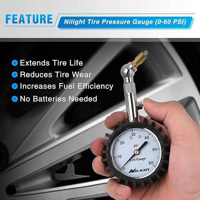 Nilight Tire Pressure Gauge 60PSI Heavy Duty Stainless Steel Air Chucks ANSI B40.1 Certified Large 2" Dial Wheel Service Checker for Truck Semi Truck ATV Motorhome Cars & RV Accessories