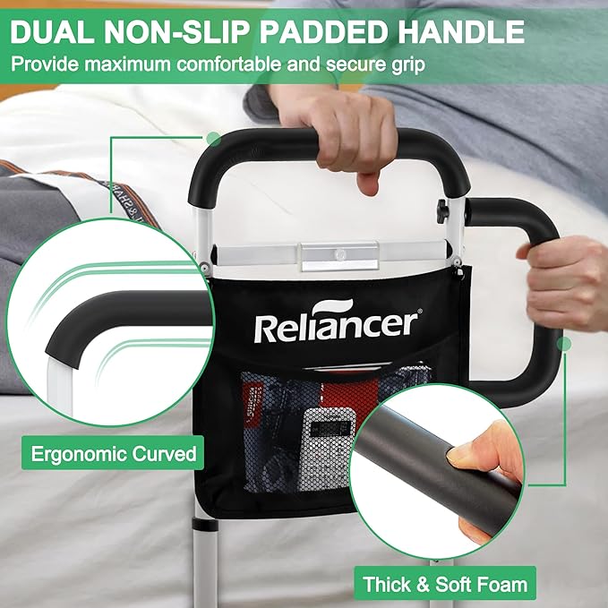 RELIANCER Bed Safety Rail for Elderly Adults w/Support Leg & Motion Light,Dual Handle Assist Grab Bar for Seniors,Adjustable Bedside Support Railings,Bed Side Assist Guard Rail,Bedside Hand Guard Bar