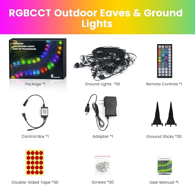Outdoor Ground Lights and String Lights for Outside, 24V Garden Decorative Lights with Bluetooth Music & Dual Control, Waterproof IP67 RGBCCT Landscape Lighting for Patio Yard (100FT)