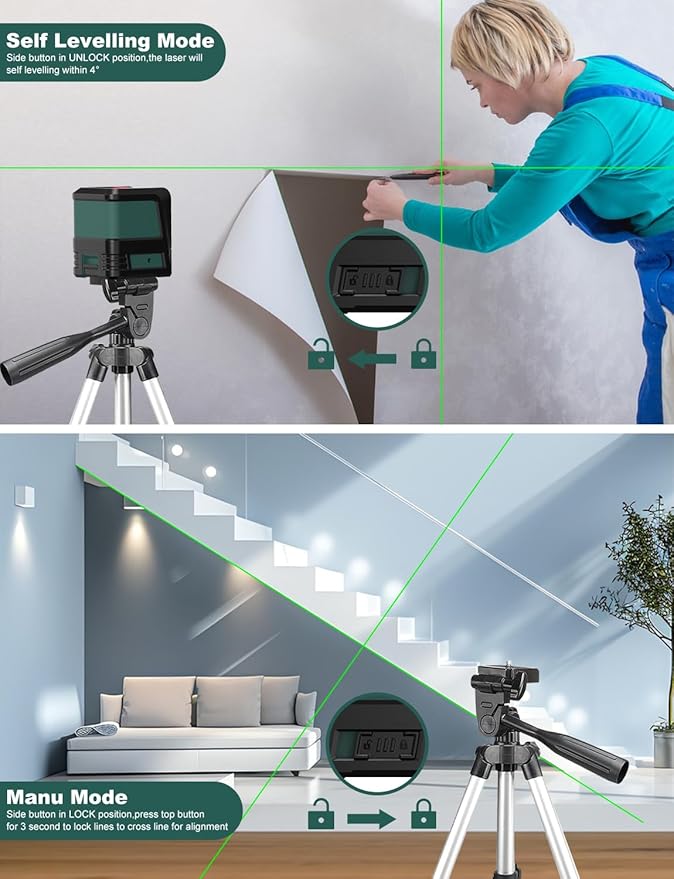 Laser Level, Self-leveling Green Line Laser With Horizontal and Vertical Lines for Construction and Picture Hanging, Battery Included (NK02G With 26 inch Tripod)