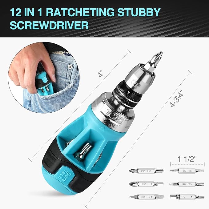 DURATECH Stubby Ratcheting Screwdriver, 12-in-1 Multibit Short Screw Drivers, Premium S2 Steel, Innovated Bits Quick-Load Mechanism, with Phillips, Slotted, Torx, Square Bits Stored in Handle