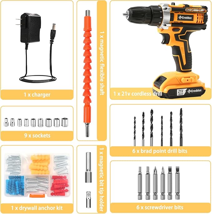 Cordless Drill Set 21v Power Drill Cordless With Battery & Charger, 84pcs Accessories Electric Drills Variable Speed, 3/8" Keyless Chuck, Built-In Level and 2 Driver orange kit