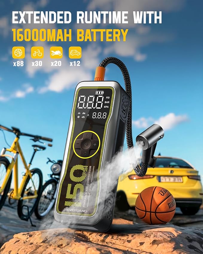 NEVERLAND Tire Inflator Portable Air Compressor - 16000mAh 150PSI Air Pump for Car Tires with Large LED Display,12V DC Tire Inflator with LED Light,Auto shut-off, for Car Motorcycle Bicycle Balls