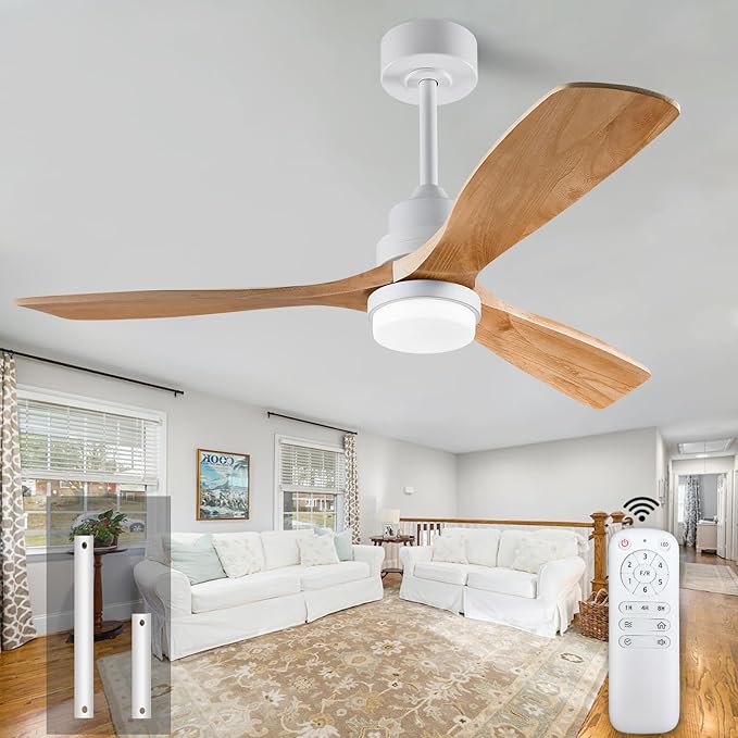 52 Inch Ceiling Fans with Light Remote Control, Wood Ceiling Fans with 3 Blade and Down Rod, 6 Speed DC Motor, Indoor Outdoor Ceiling Fan for Patio, Living Room, Bedroom, Office