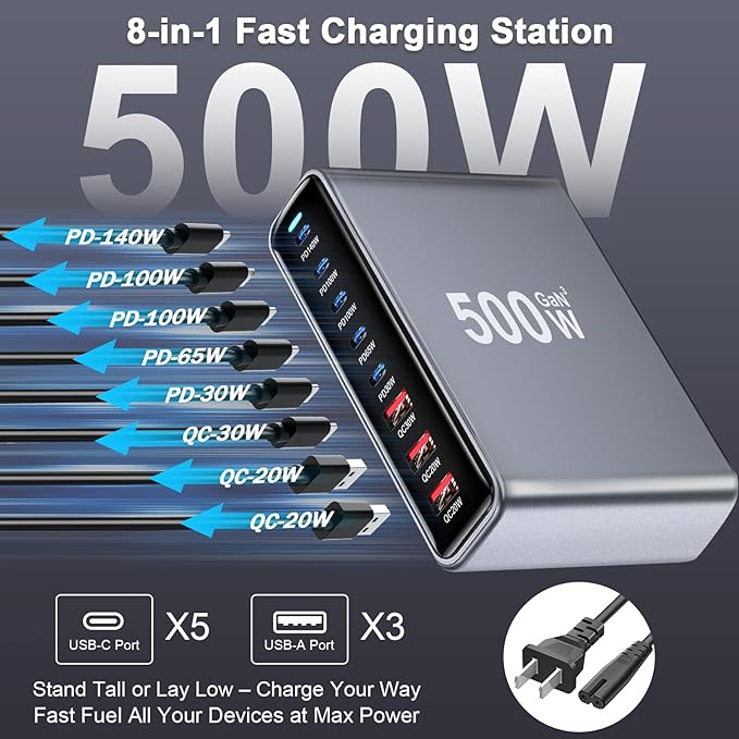500W USB C Fast Charger Block, PD 3.1 140W USB C Charging Station, GaN Ⅲ Pro 8 Port PD PPS Fast Charging Station for Multiple Devices,Laptop Wall Charger Compatible with MacBook/iPad/iPhone 17/16 etc