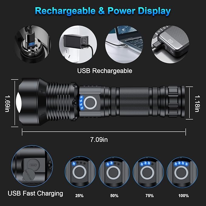 Rechargeable Flashlights 90000 High Lumens - 2 Pack, Super Bright 12 Hours Long Life LED Flashlight with 5 Modes, High Powered Flash Light for Home, Outdoor (Black)