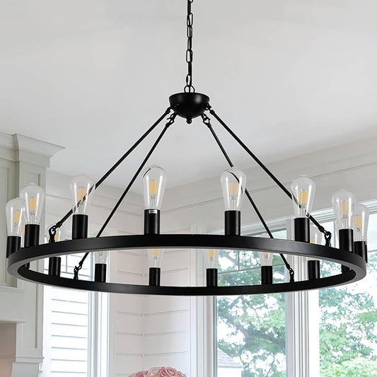 40" Black Wagon Wheel Chandelier,E26 16-Light Large Round Rustic Farmhouse Chandelier Industrial Pendant Light Fixtures for Dining Room Living Room Kitchen Island Entryway Foyer