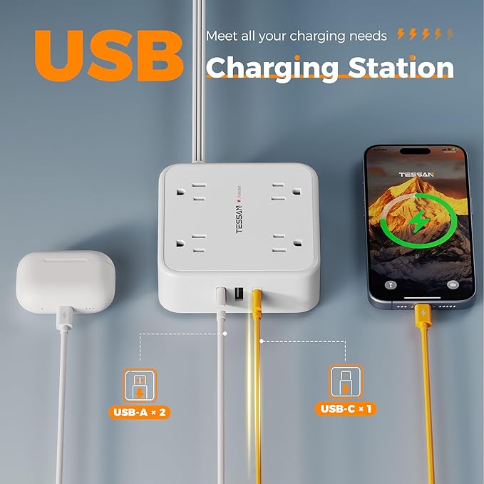 Surge Protector Power Strip, TESSAN 15 FT White Extension Cord Flat Plug with 8 AC Outlets 3 USB Ports (1 USB C), 900J Surge Protection, 3 Sided Wall Mountable Outlet Extender for Office Dorm Room