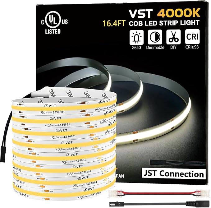 VST 16.4ft COB LED Strip Lights Natural White 4000K, 24V Dimmable LED Tape Light, 48w, 2640 LEDs, Ra 93+, IP30, Lighting for Kitchen, Cabinets, UL Listed (Power Source Not Included)