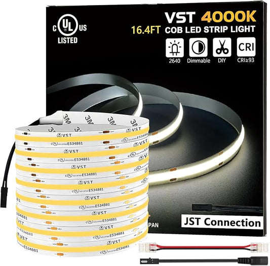 VST 16.4ft COB LED Strip Lights Natural White 4000K, 24V Dimmable LED Tape Light, 48w, 2640 LEDs, Ra 93+, IP30, Lighting for Kitchen, Cabinets, UL Listed (Power Source Not Included)