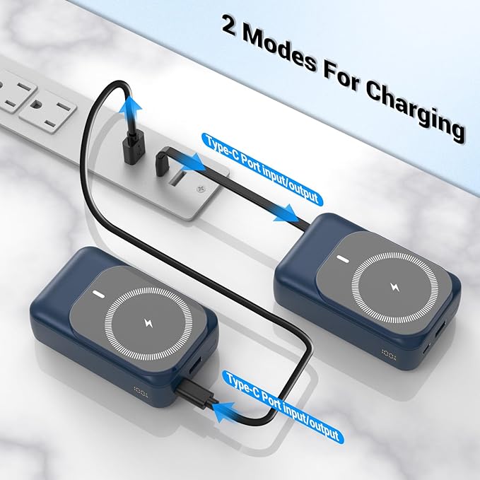 Magnetic Wireless Power Bank 26800mAh, PD 22.5W Type-C Fast Charging Portable Charger 5 Outputs, Battery Pack for Magsafe Built in Cables with Stand LED Display for iPhone 16/15/14/13/12 Series-Blue