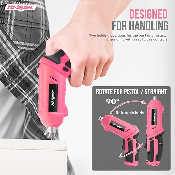 Hi-Spec 42pc Pink 4V USB Electric Power Driver & Household Tool Kit. Cordless Power Screwdriver and Hand Tools in a Compact Box Case