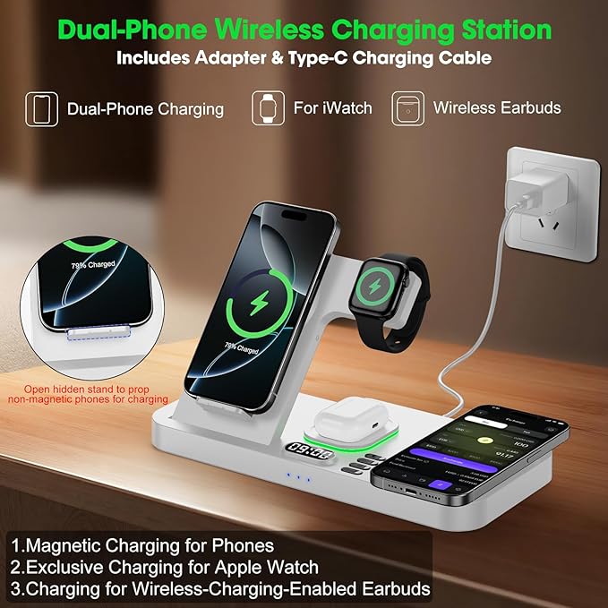 Dual Phone Wireless Charging Station for Apple Devices, Magnetic Charging Station for iPhone with Auto Switch 7-Color Light&Clock, Family Watch Charger for iPhone17 for iWatch10 for AirPods Pro3(White