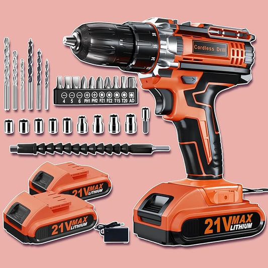 Drill, 21V Cordless Drill with Dual 2.0Ah Power Pack and Charger, Electric Power Drills Set, 3/8 Inch Chuck, 25+1 Torque, 2 Speed 29 Accessories Tool for DIY, Gifts