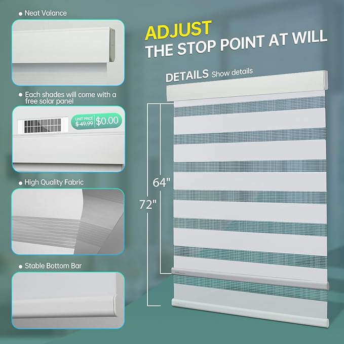 DENFOON Motorized Zebra Blinds, Solar Powered Dual Layer Automatic Shades with Remote Control, Rechargeable Smart Blinds Horizontal Wireless Electric Shades for Windows, Custom Size, White， 42 x 72