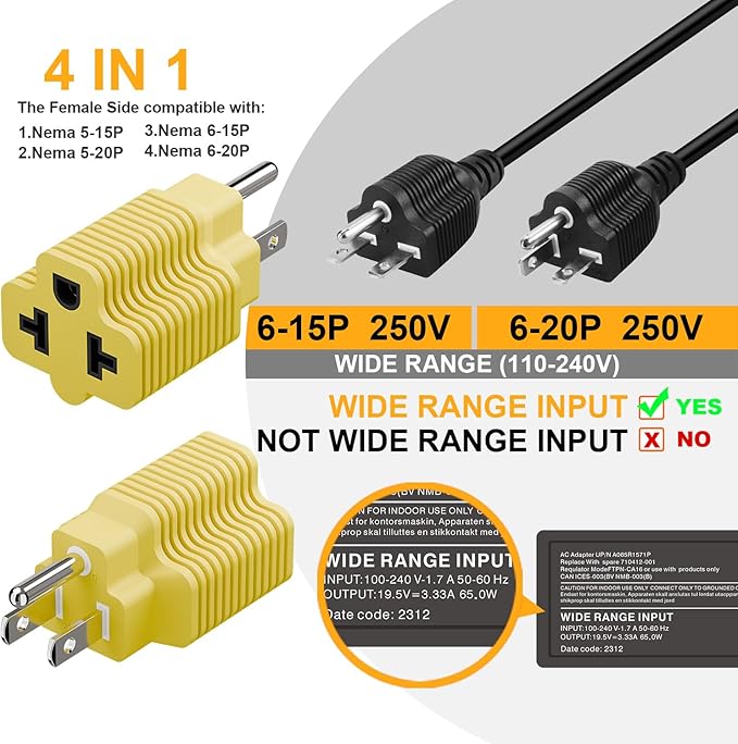 4-in-1 15 Amp to 20 Amp T Blade Adapter, 5-15P to 5-20R, 6-15R, 6-20R, Yellow, 2 Pack
