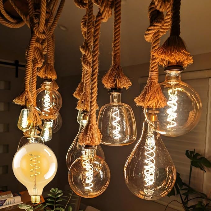 Leools Vintage LED Spiral Filament Bulb G125 Dimmable Flick-Free 6W CRI95 LED Edison Globe Light Bulb E26 Base,Amber Glass,Warm White,2200K, 500LM(60W Equivalent), Pack of 1