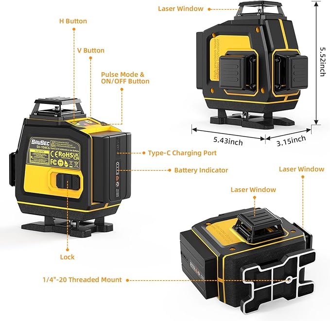 Laser Level 360 Self Leveling, SAVSEC Rechargeable (Up to 37H) 4D Lazer Leveler Tool Kit, 16 Lines Green Leveler Tool Rechargeable/Stepless Dimming/Remote Control/Switchable for Home & Outdoor