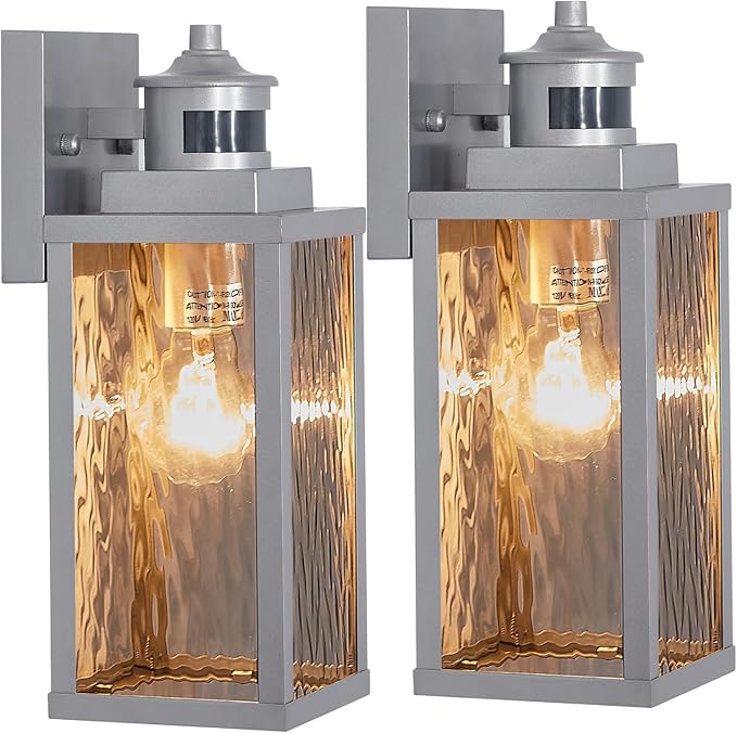 2 Pack Silver Motion Sensor Outdoor Wall Lights,Updated Dusk to Dawn Outdoor Lighting, Exterior Light Fixtures Wall Mount,Waterproof Porch Light Outside Lights for House