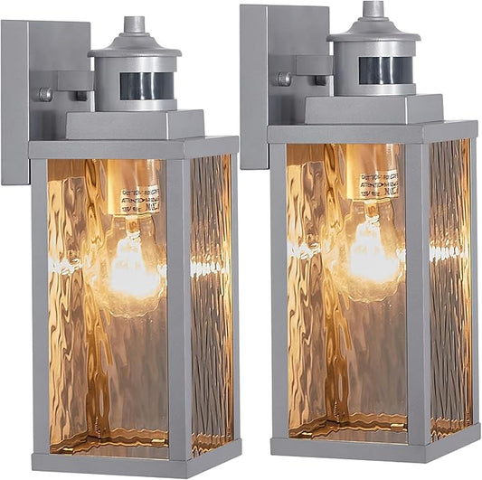 2 Pack Silver Motion Sensor Outdoor Wall Lights,Updated Dusk to Dawn Outdoor Lighting, Exterior Light Fixtures Wall Mount,Waterproof Porch Light Outside Lights for House