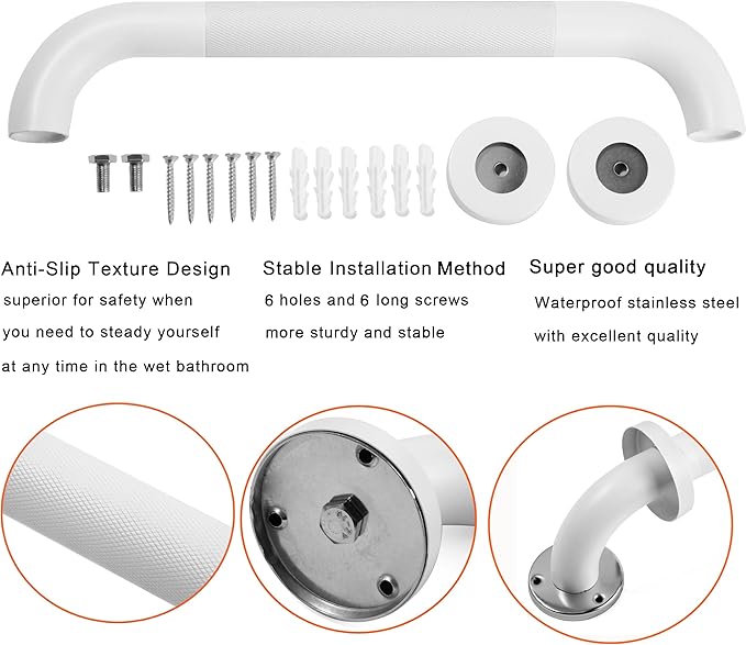 Shower Grab Bar, 2 Pack 12 Inch White Bathroom Grab Bar, 1.25" Diameter 304 Stainless Steel Anti-Slip Grab Bars for Bathtubs and Showers, Handicap Shower Grab Bar for Seniors Elderly