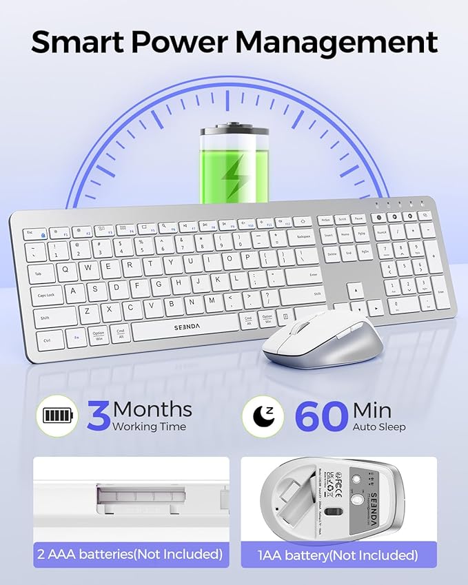 seenda Bluetooth Keyboard and Mouse, Wireless Keyboard Mouse Combo 2.4G+Dual Bluetooth Multi-Device Connection Full Size Ultra-Slim Keyboard with Number Pad for Windows/Mac,White & Silver