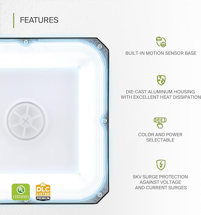 ASD LED Canopy Light 100/70/60W with Q-Base – 3000/4000/5000K 14448Lm 10"x10" 120-277V IP65 Dimmable 0-10V UL & DLC Listed (Optional Motion Sensor-Extra Purchase)